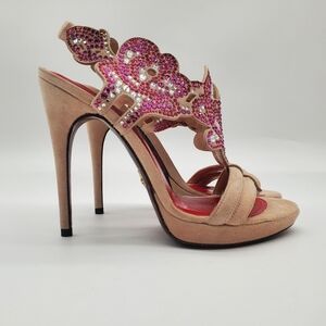 CESARE PACIOTTI Swarovski Crystals High Heels Beige Suede 37